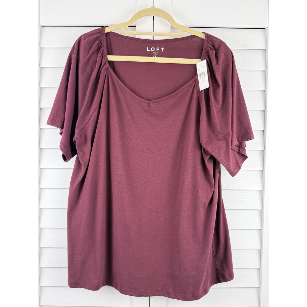LOFT Top XXL Burgundy Puff Sleeve Square Neck Cotton NEW
